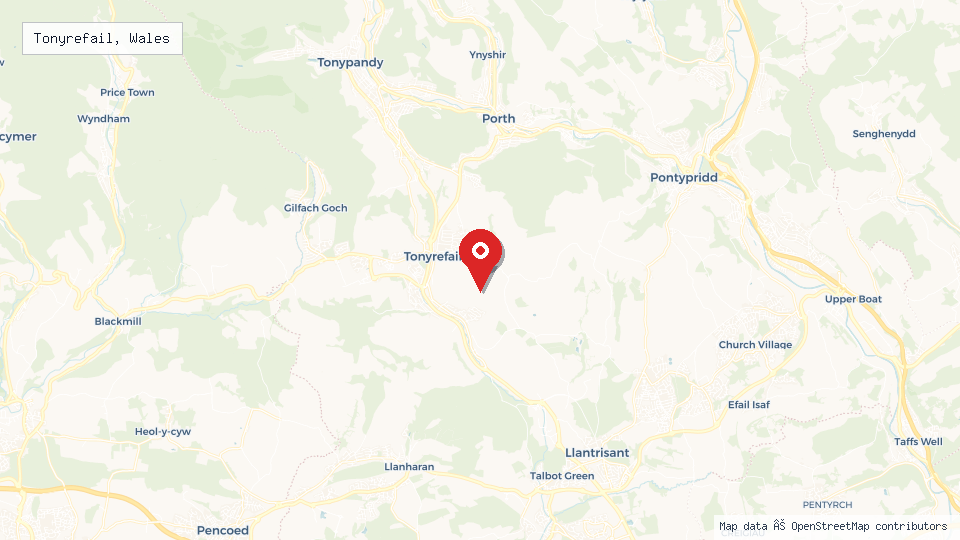 Street map of Tonyrefail, Wales with location pin