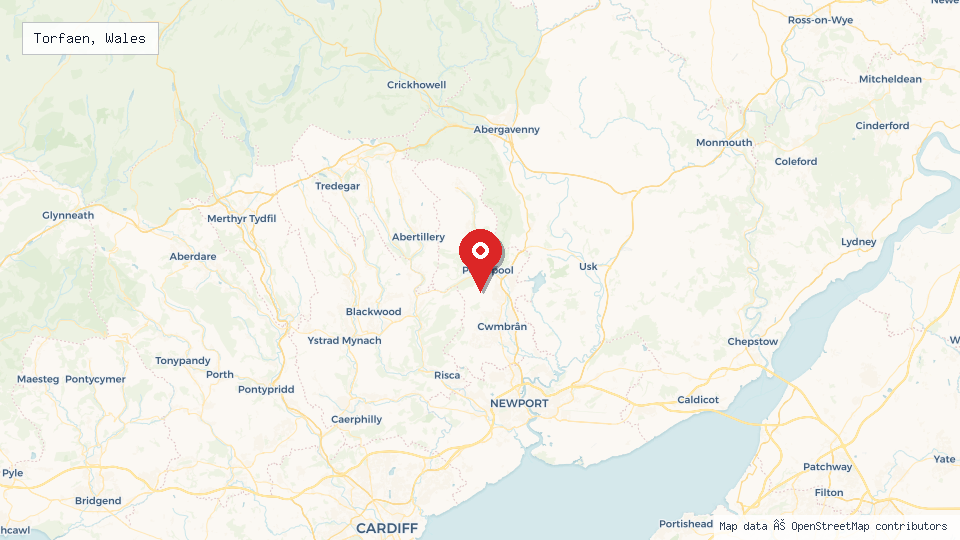 Street map of Torfaen, Wales with location pin