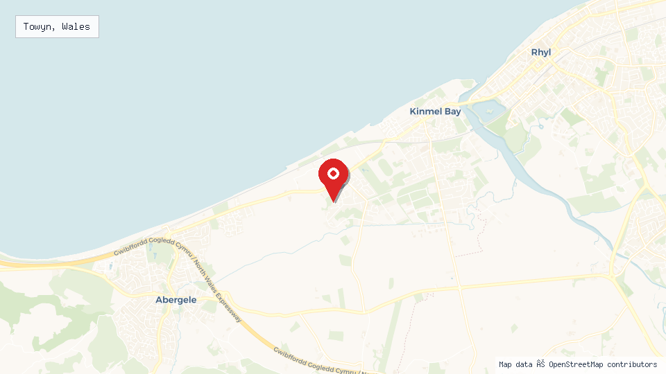 Street map of Towyn, Wales with location pin