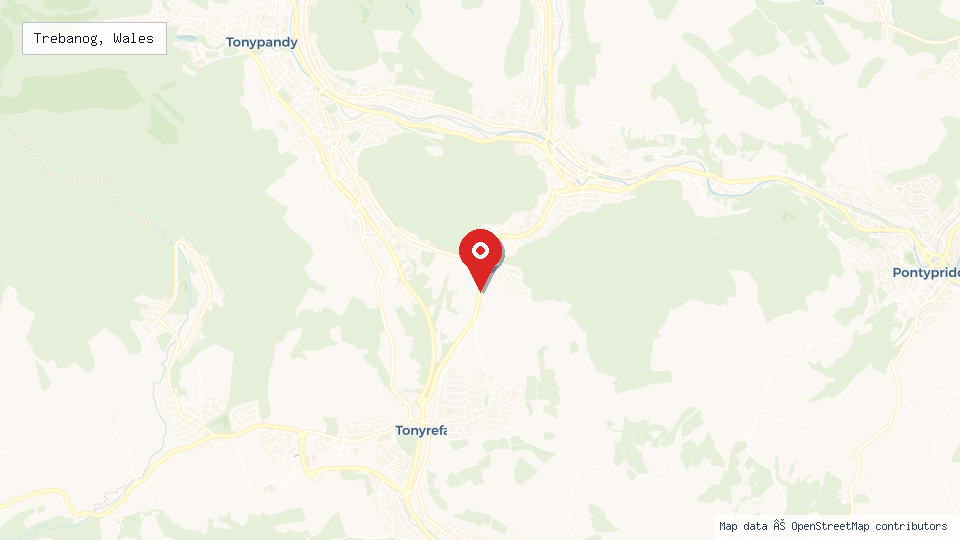 Street map of Trebanog, Wales with location pin