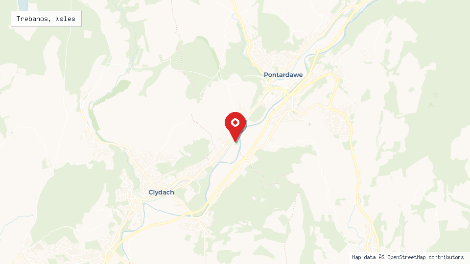 Street map of Trebanos, Wales with location pin