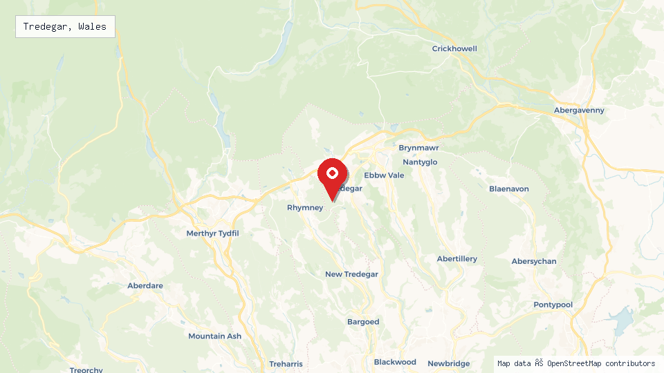 Street map of Tredegar, Wales with location pin
