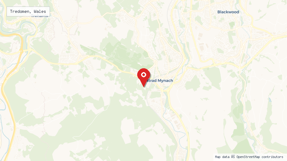 Street map of Tredomen, Wales with location pin