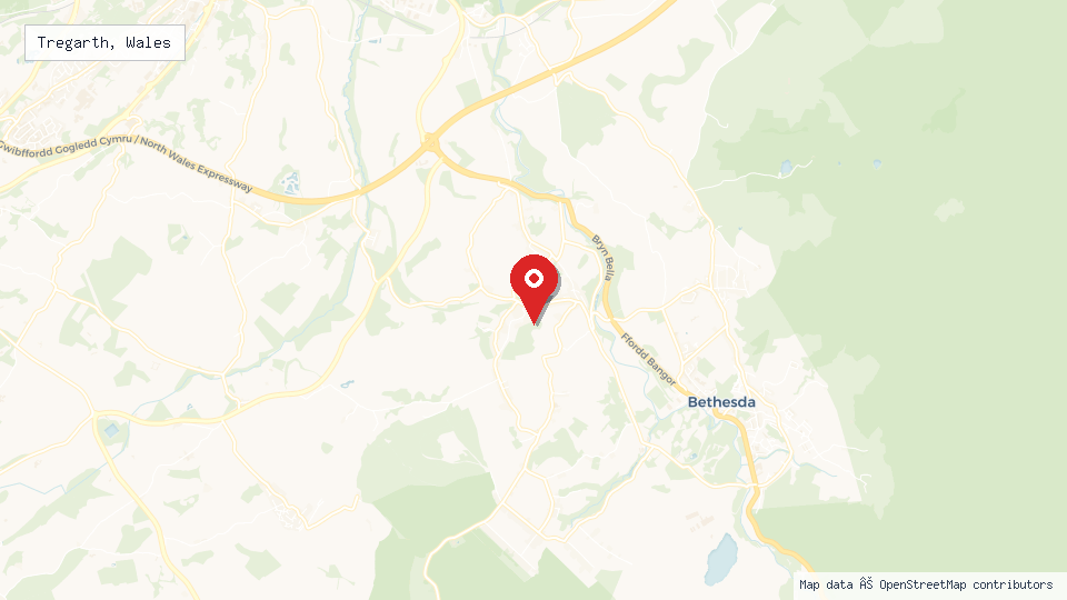 Street map of Tregarth, Wales with location pin