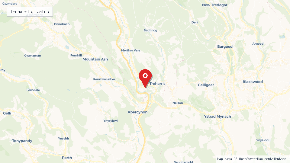 Street map of Treharris, Wales with location pin