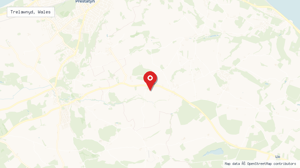 Street map of Trelawnyd, Wales with location pin