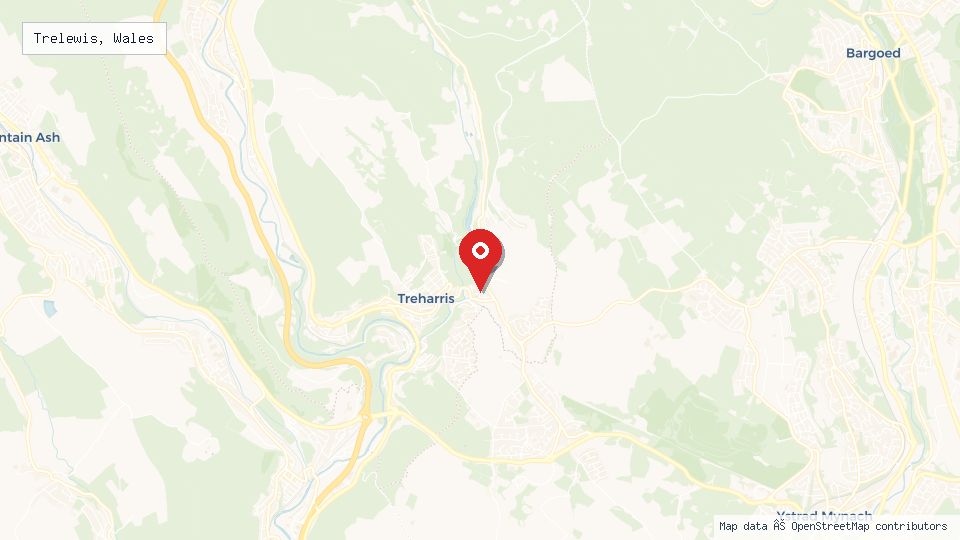 Street map of Trelewis, Wales with location pin