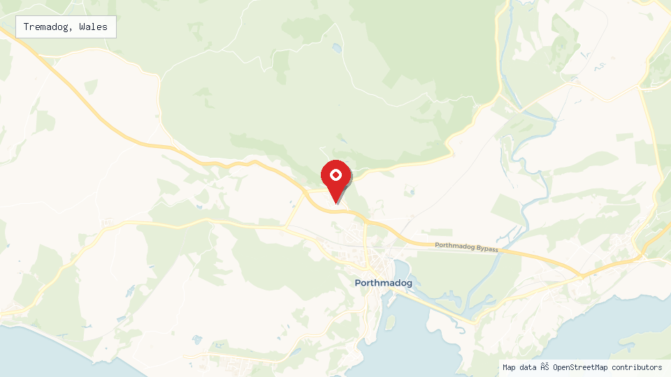 Street map of Tremadog, Wales with location pin