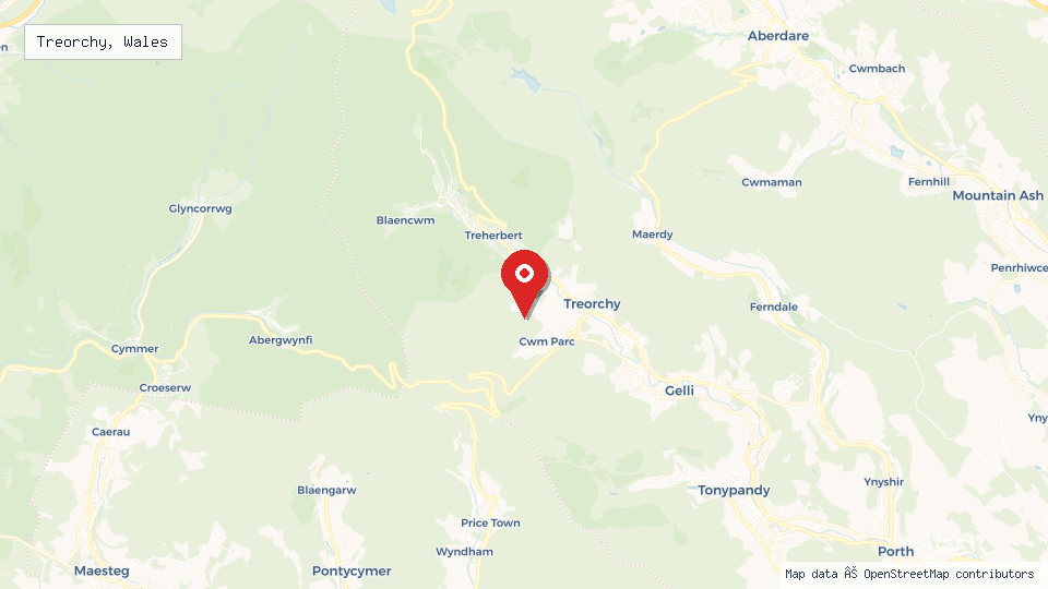 Street map of Treorchy, Wales with location pin