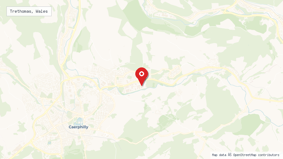 Street map of Trethomas, Wales with location pin