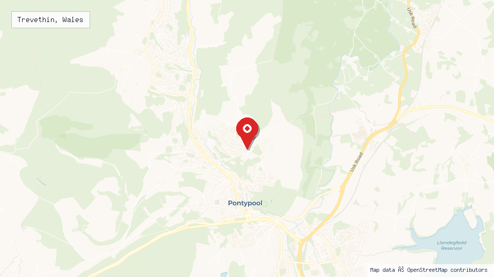 Street map of Trevethin, Wales with location pin