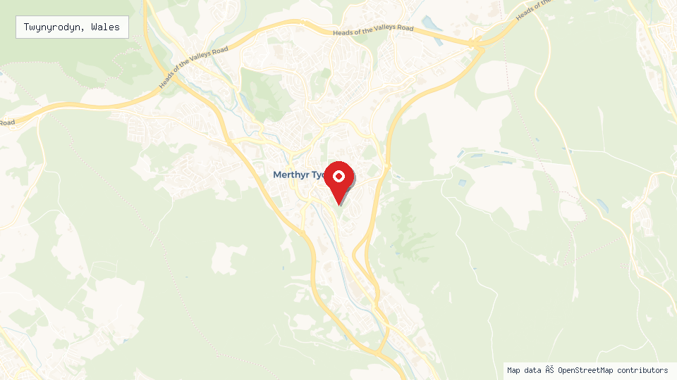 Street map of Twynyrodyn, Wales with location pin