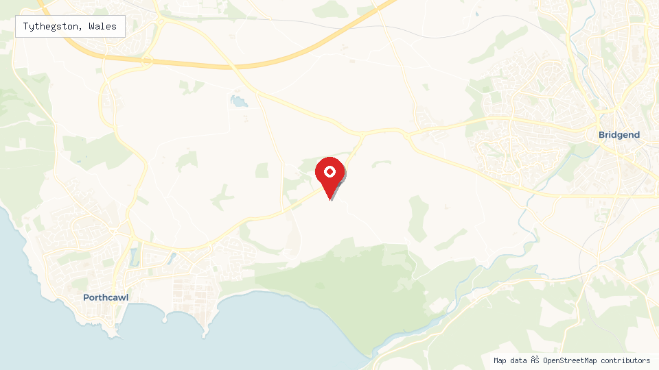 Street map of Tythegston, Wales with location pin
