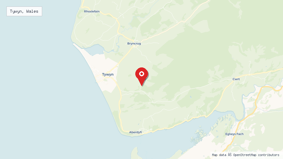 Street map of Tywyn, Wales with location pin