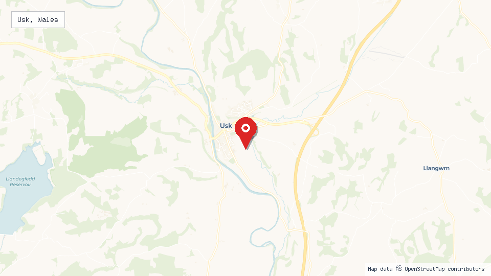 Street map of Usk, Wales with location pin
