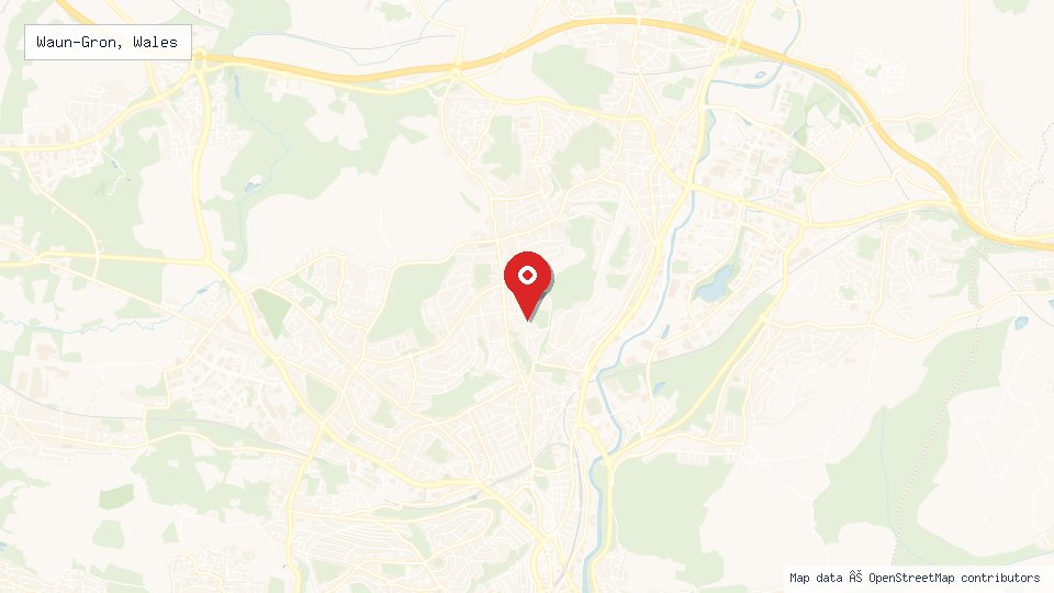 Street map of Waun-Gron, Wales with location pin