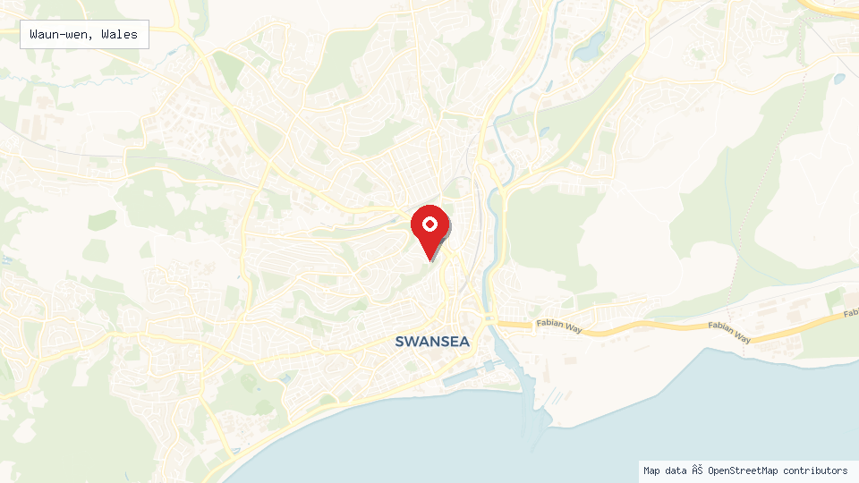Street map of Waun-wen, Wales with location pin