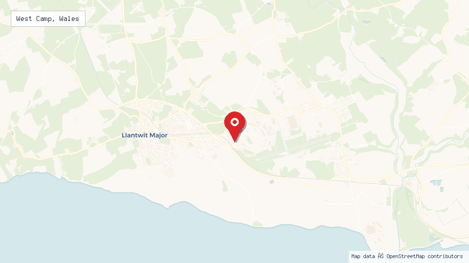 Street map of West Camp, Wales with location pin