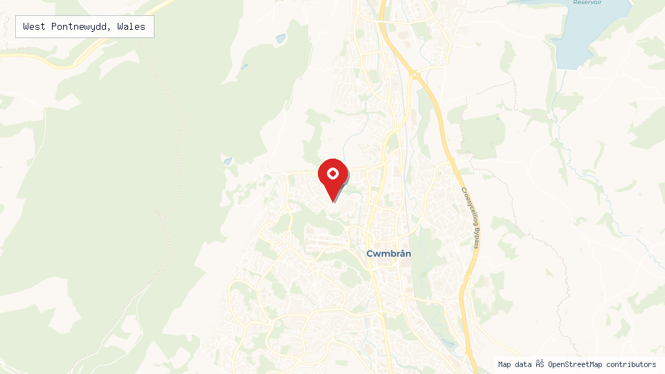 Street map of West Pontnewydd, Wales with location pin