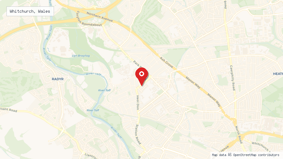 Street map of Whitchurch, Wales with location pin