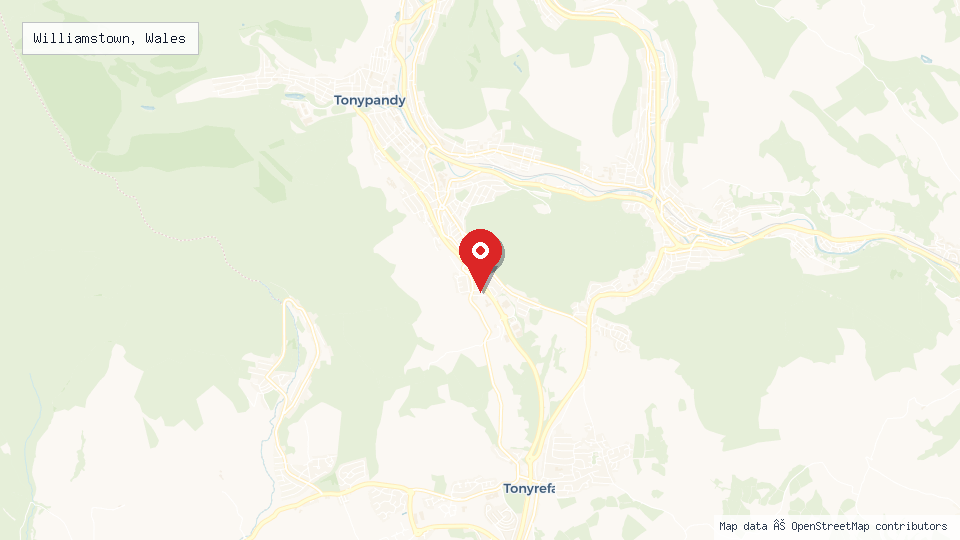 Street map of Williamstown, Wales with location pin