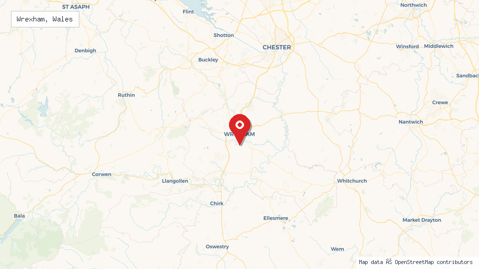 Street map of Wrexham, Wales with location pin
