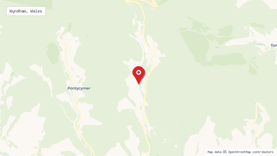 Street map of Wyndham, Wales with location pin
