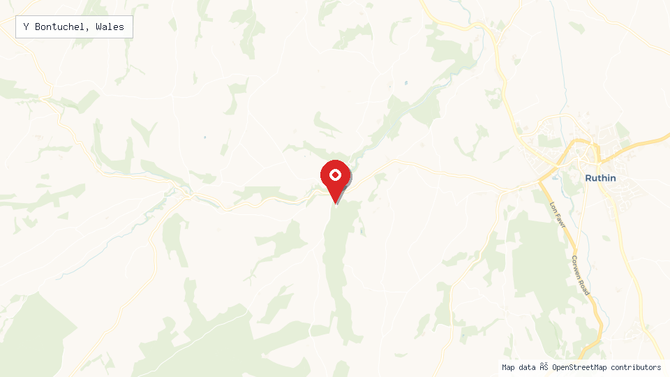 Street map of Y Bontuchel, Wales with location pin