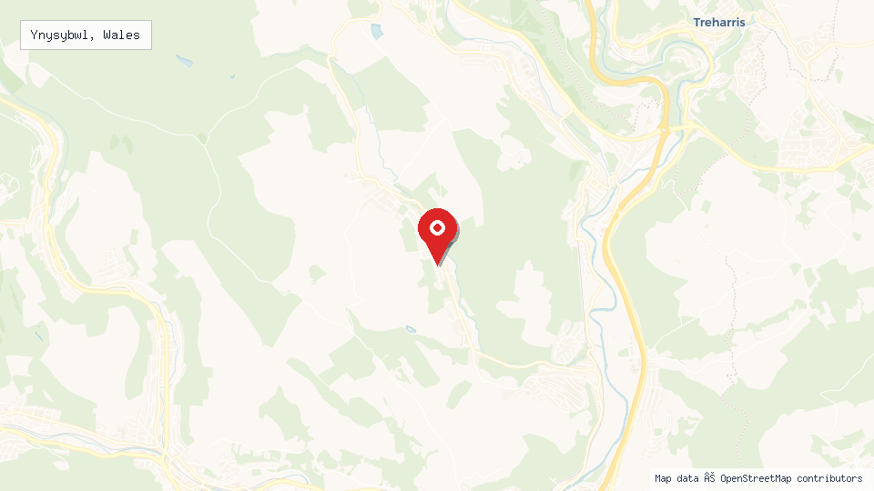 Street map of Ynysybwl, Wales with location pin