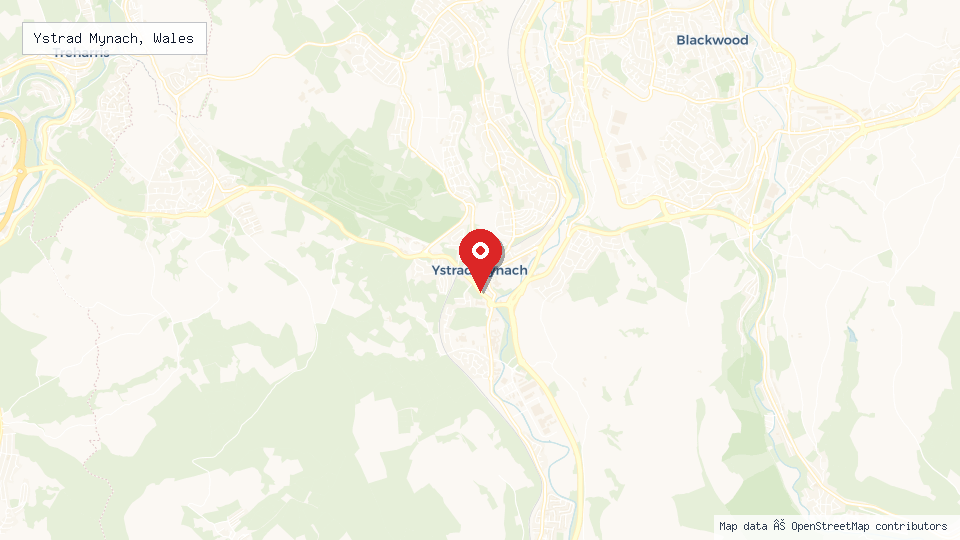 Street map of Ystrad Mynach, Wales with location pin