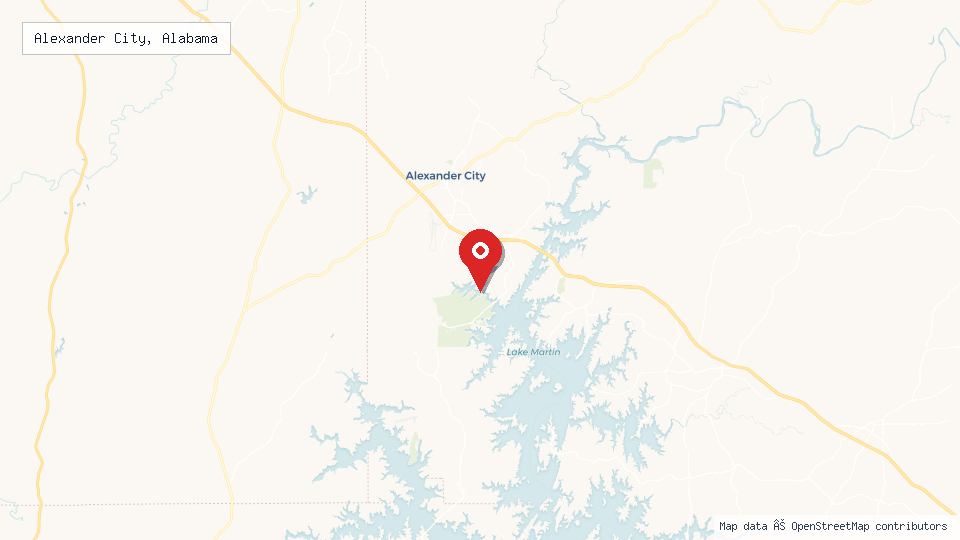 Street map of Alexander City, Alabama with location pin