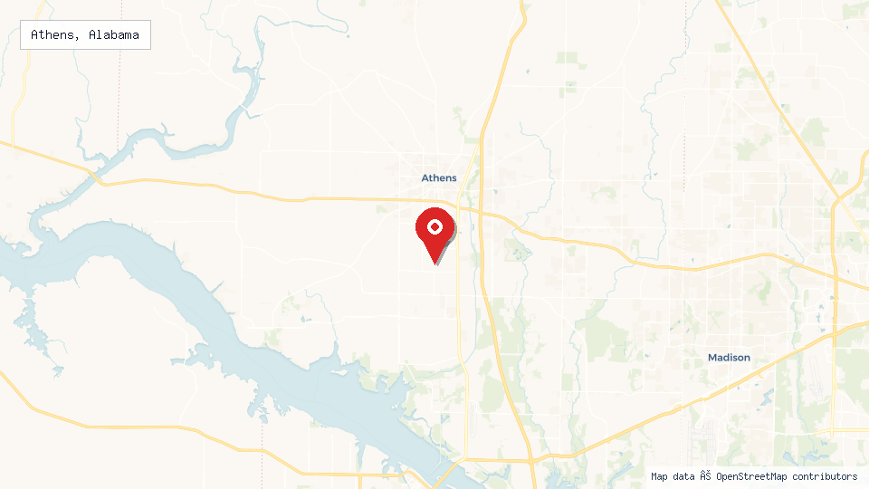 Street map of Athens, Alabama with location pin