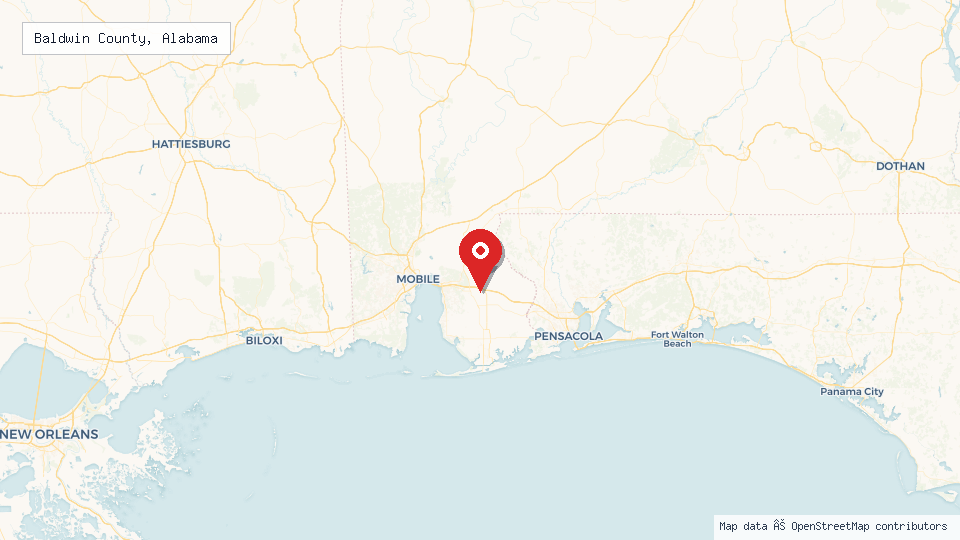Street map of Baldwin County, Alabama with location pin