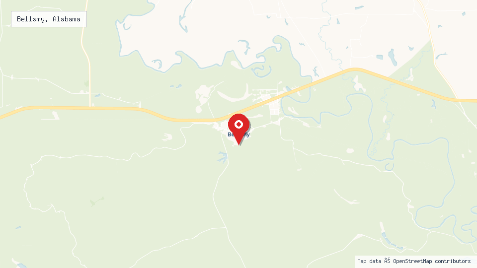 Street map of Bellamy, Alabama with location pin