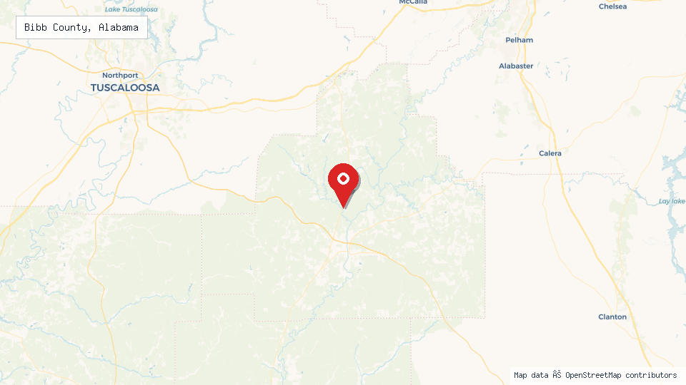 Street map of Bibb County, Alabama with location pin