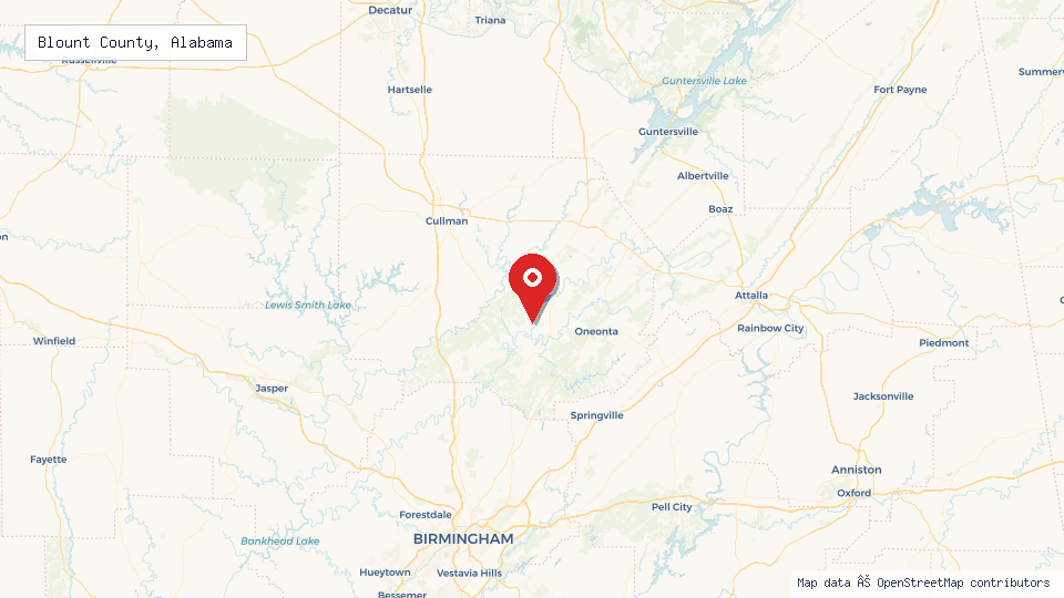 Street map of Blount County, Alabama with location pin