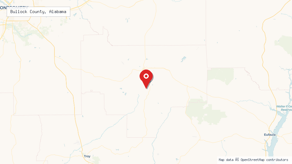 Street map of Bullock County, Alabama with location pin