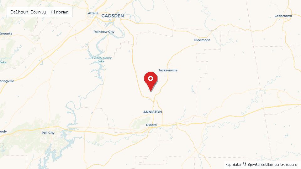 Street map of Calhoun County, Alabama with location pin