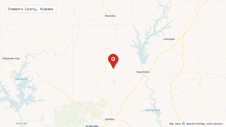 Street map of Chambers County, Alabama with location pin