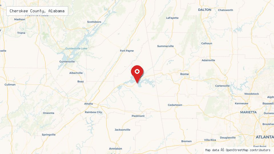 Street map of Cherokee County, Alabama with location pin