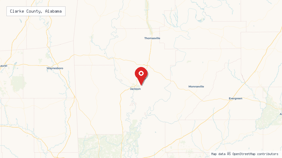 Street map of Clarke County, Alabama with location pin