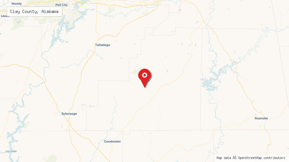 Street map of Clay County, Alabama with location pin