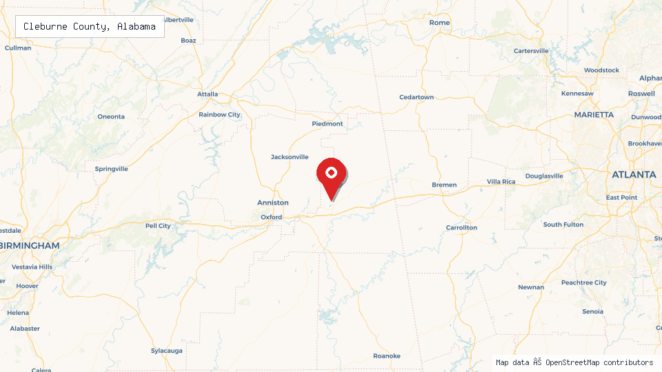 Street map of Cleburne County, Alabama with location pin