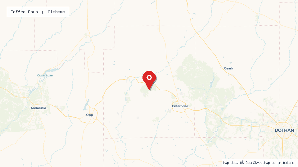 Street map of Coffee County, Alabama with location pin