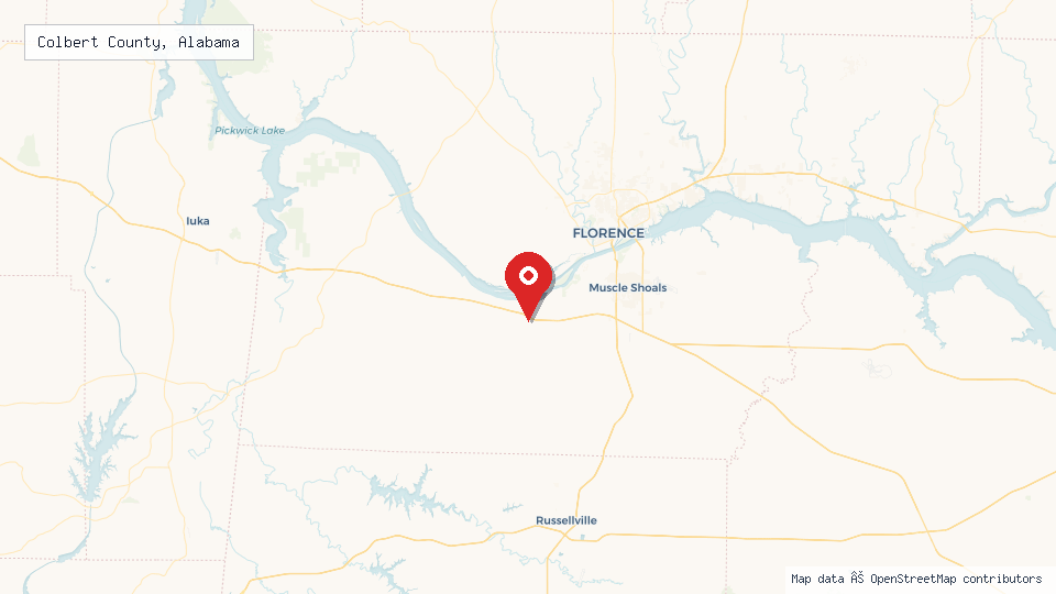 Street map of Colbert County, Alabama with location pin