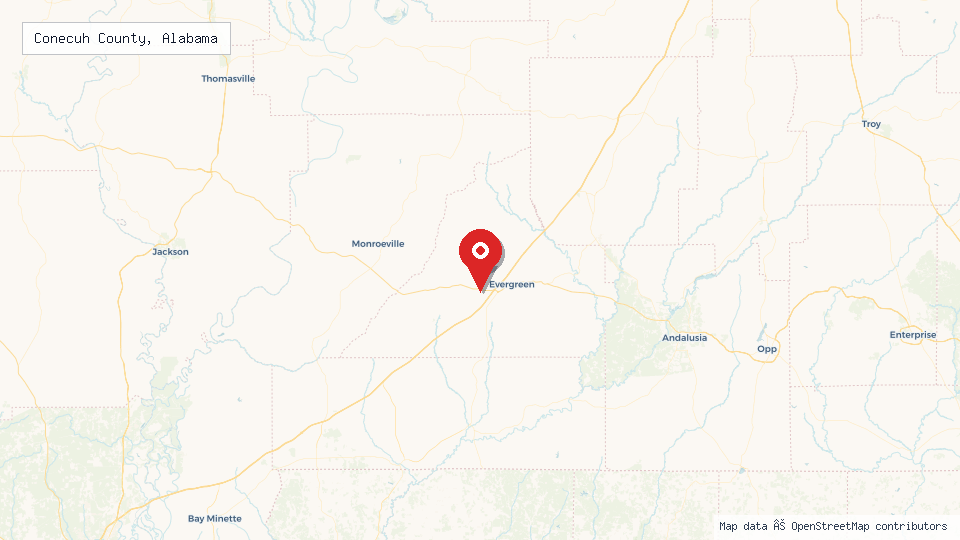 Street map of Conecuh County, Alabama with location pin