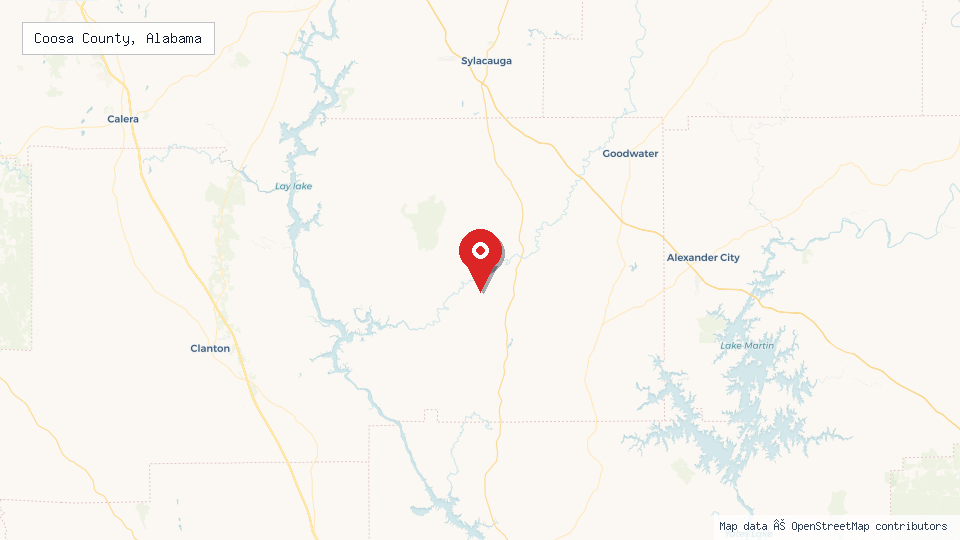 Street map of Coosa County, Alabama with location pin