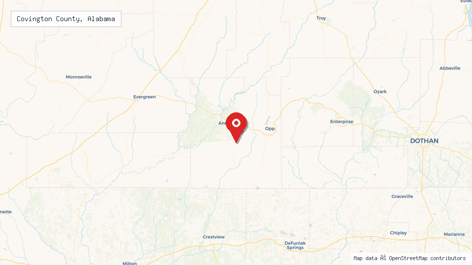 Street map of Covington County, Alabama with location pin
