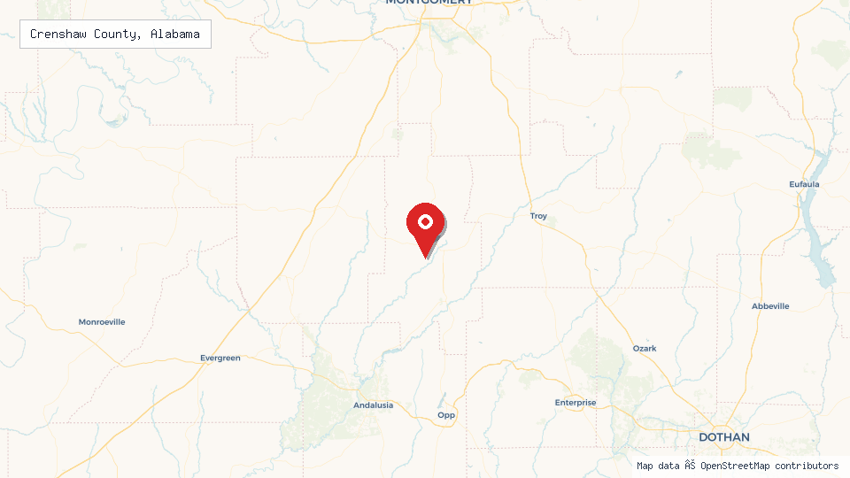 Street map of Crenshaw County, Alabama with location pin
