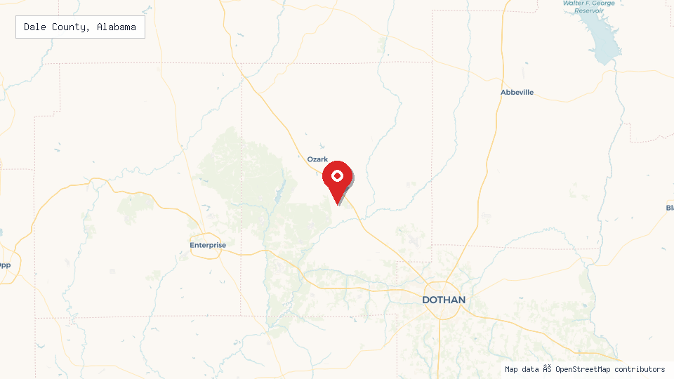 Street map of Dale County, Alabama with location pin